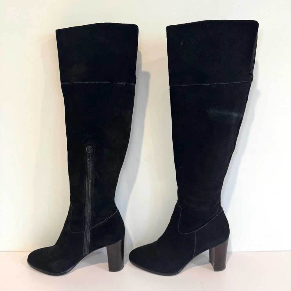Lord & Taylor 424 Fifth Mikayla Black Suede Knee High Boots W Block Heel, Sz 8.5